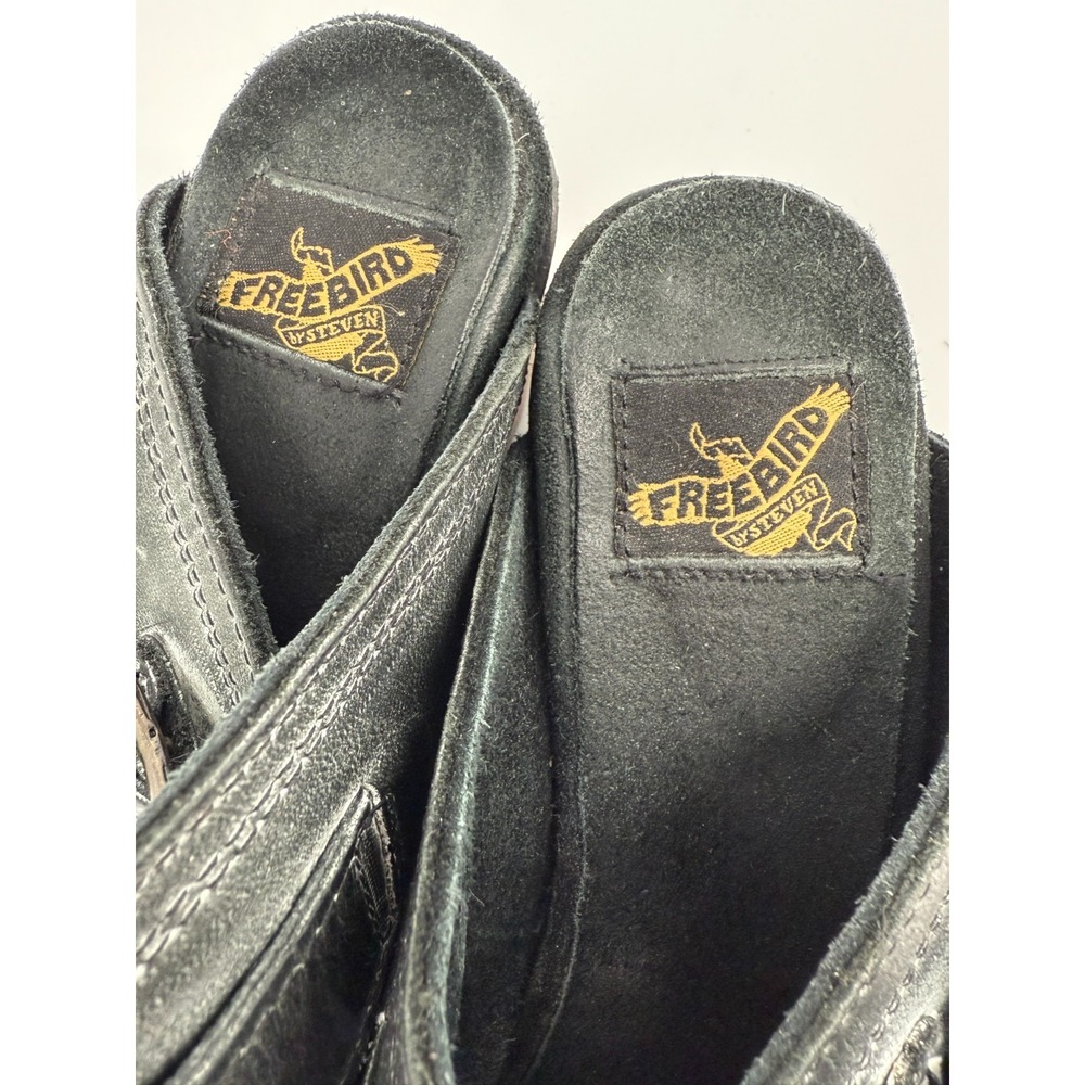 Freebird by Steven Caprice Buckle Sandals Wood Heel Womens 9  Leather Black Boho - Picture 7 of 13